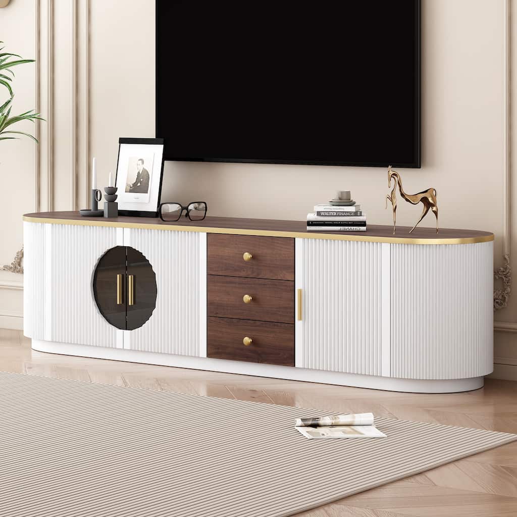 Modern Minimalist TV Stand for TVs up to 80 Inches with 3 Drawers, 1 Shelf, Metal Handles and 2 Cabinets, for Living Rooms