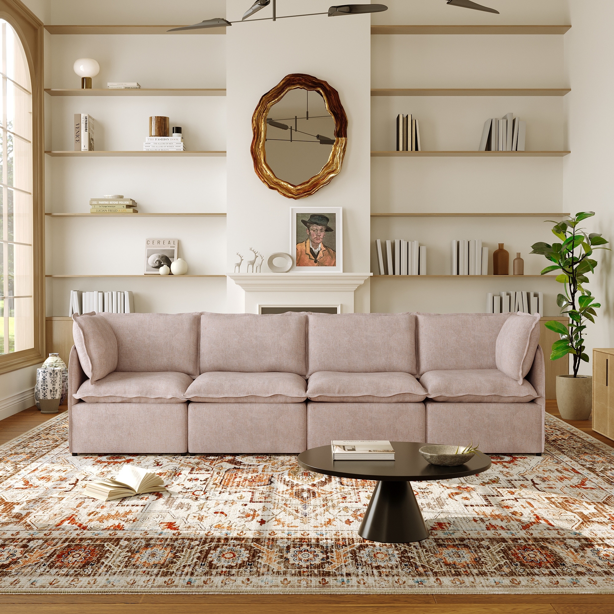 127.60" linen Modular Sectional Sofa With Seats And Iron Frame For Living Room