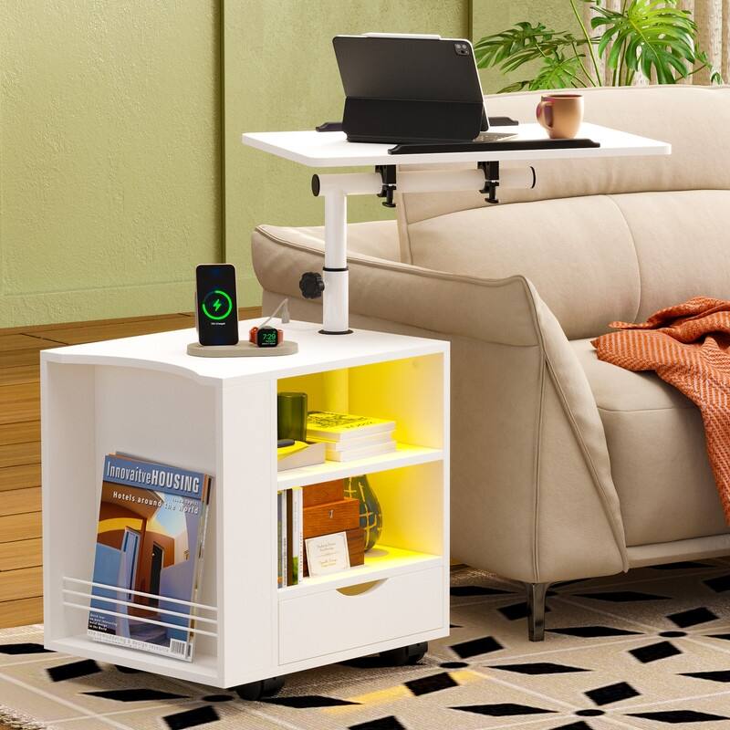 Manufactured Wood Led Nightstand With Charging Station, Adjustable Height