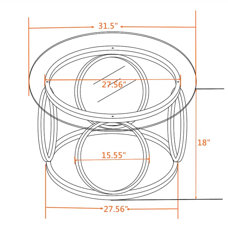 31.5" Modern Round Glass Top Coffee Table with Circular Metal Frame