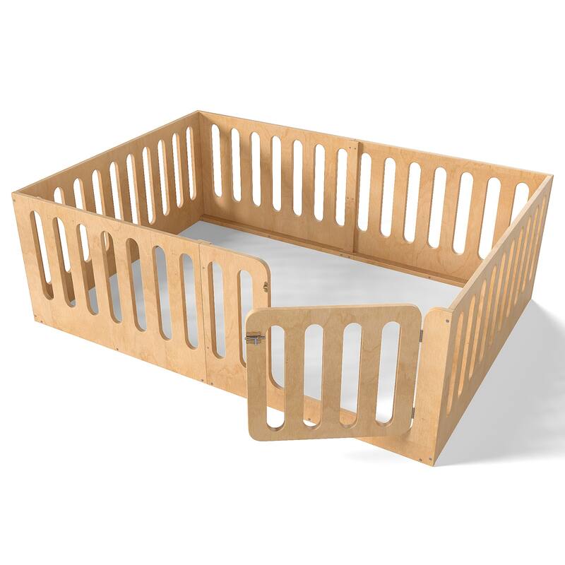 Full Size Floor Bed with High Fence for Kids, Solid Wood Kids Montessori Bed with Door, No Box Spring Needed Design