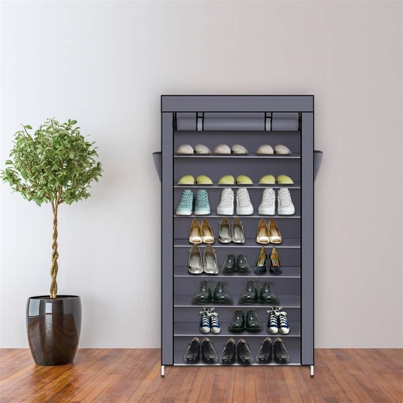 10 Tiers Storage Closet Organizer Shoe Rack w/Cover 4 Colors - Grey