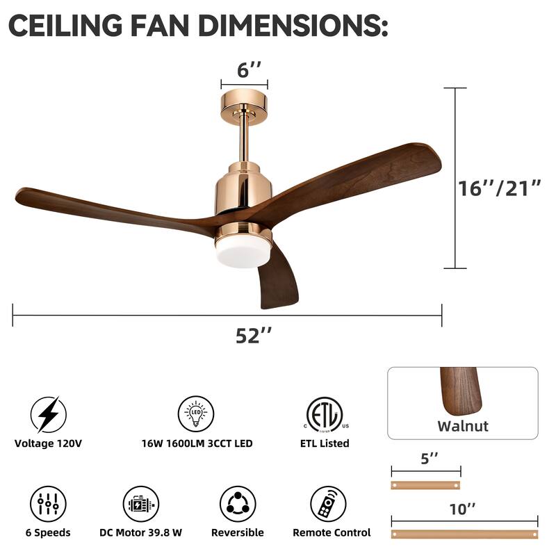 Matte Black/Gold 52 in. Integrated LED Indoor 3-Blade Ceiling Fan with Wood Blades, 6-Speed Remote Control