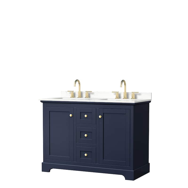 Avery 48-inch Double Vanity, Quartz Top - Dark Blue, Gold Trim, Giotto Quartz Top