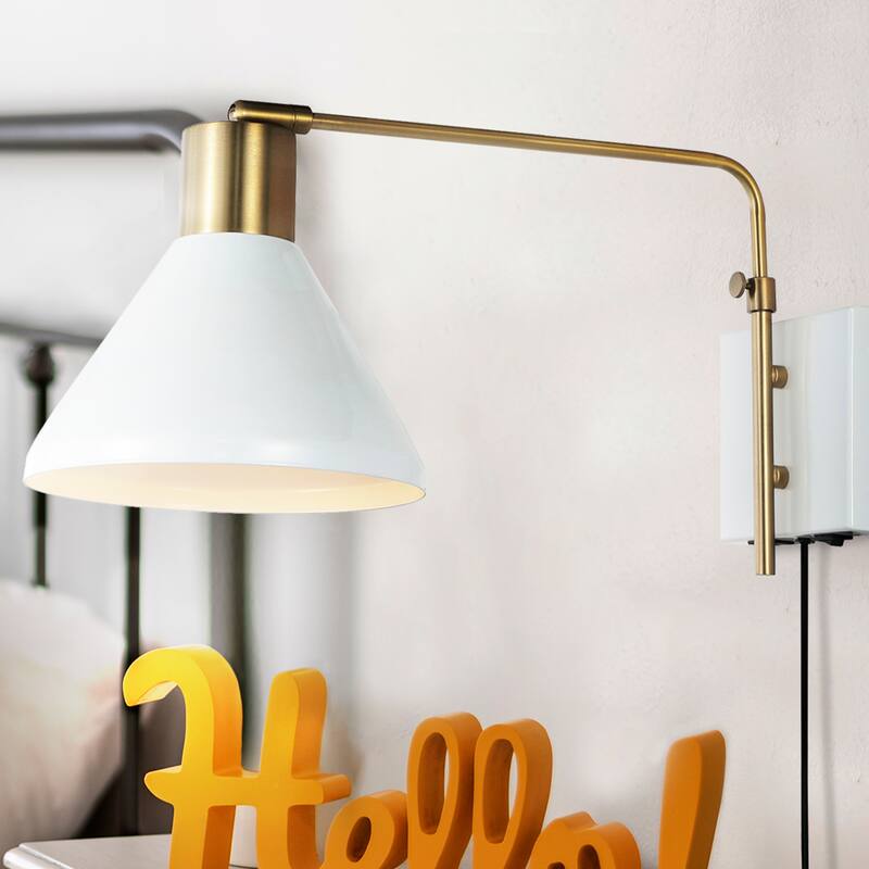 Justina Swing Arm 1-Light Modern Midcentury Iron USB Charging Port LED Sconce, by JONATHAN Y - White