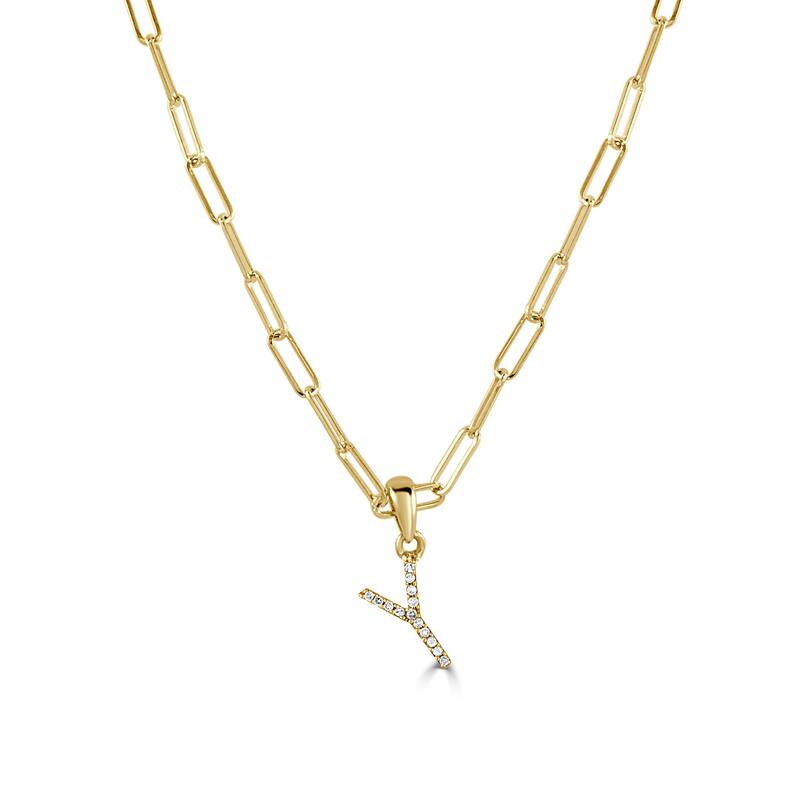 Joelle Collection Diamond Initial Letter Necklace Paperclip 14K Gold 16-inch Chain 1/10 TDW Necklace - Y - Yellow