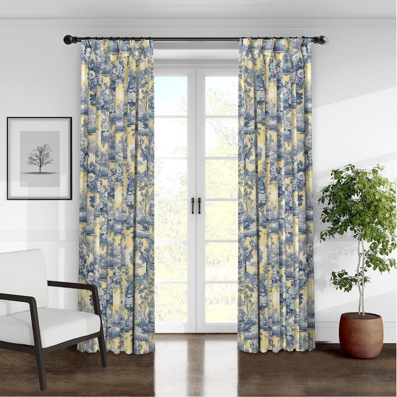 6ix Tailors Giverny Toile Butter Yellow Pinch Pleat Double Width Drapery Panels Set of 2