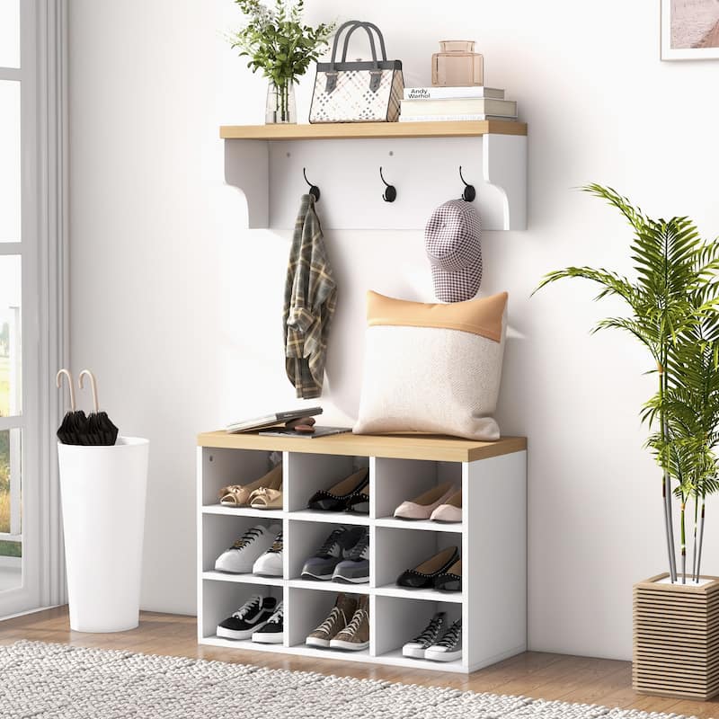 Modern 2-in-1 Coat Rack Shoe Bench Set, 9 Pair Shoe Storage Cabinet Rack with Hall Tree