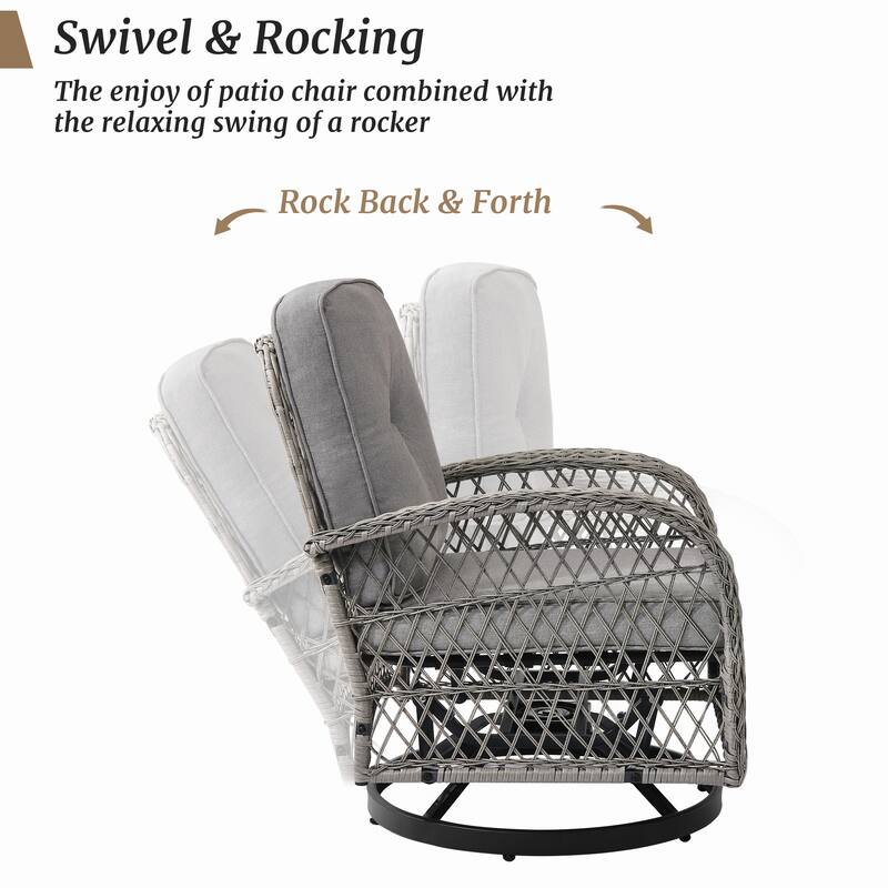 COZYMAN Outdoor Patio 3-Piece Wicker Conversation Set Swivel Rocking Chat Chairs