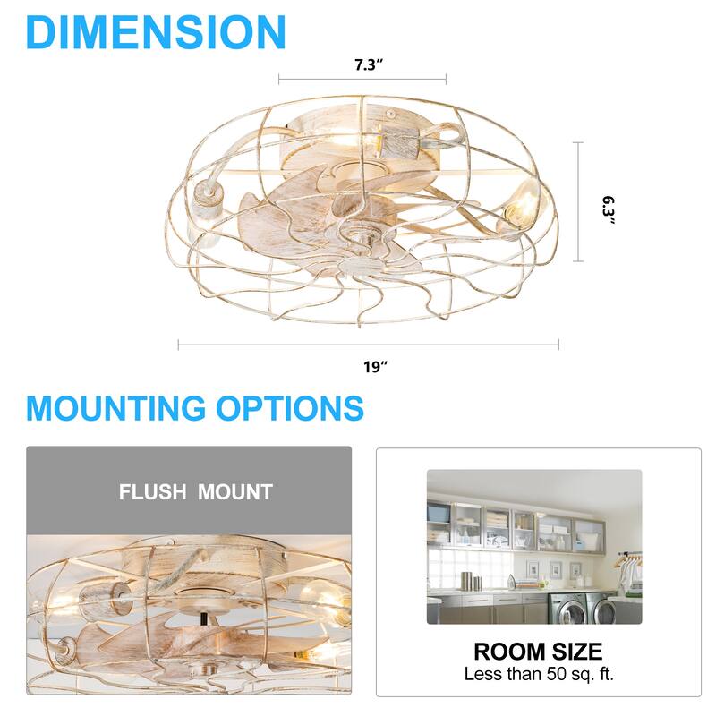 19-Inch Indoor Metal Cage Ceiling Fan with Light Kit and Remote