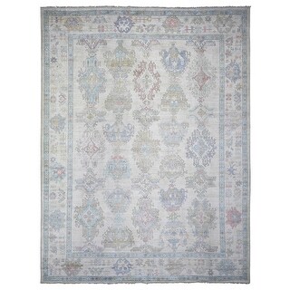 Hand Knotted Ivory Oushak And Peshawar with Wool Oriental Rug (9'4