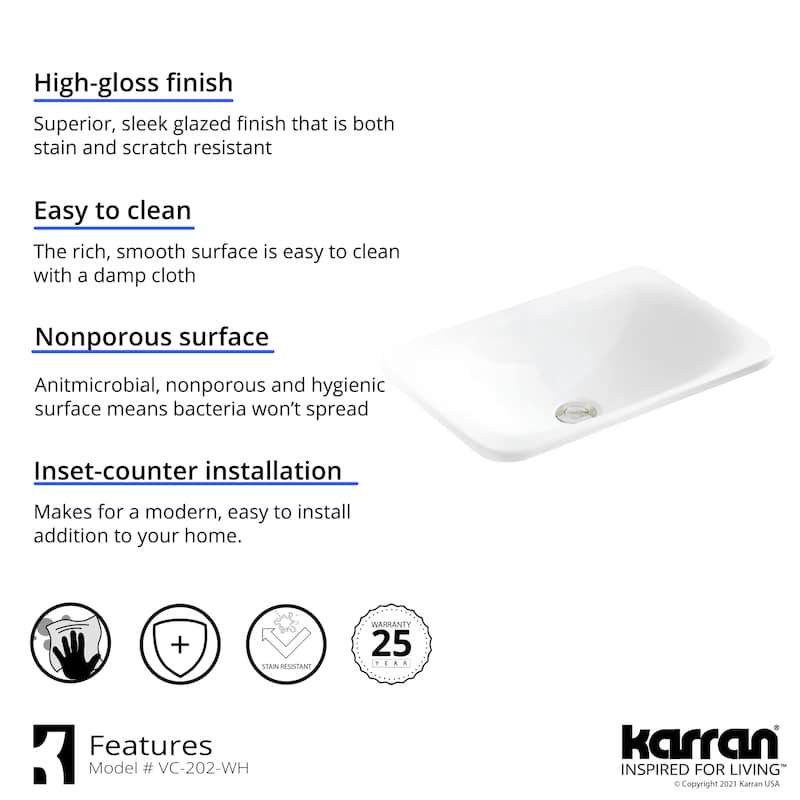 Karran Valera 21" Top Mount Vitreous China Bathroom Sink in White