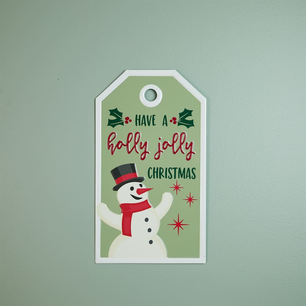 Holly Jolly Snowman Christmas Tag Wall Art - 16" x 9"