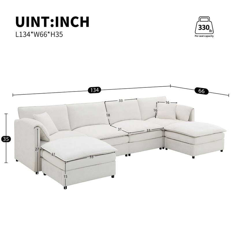 134" Chenille Modular Sectional Sofa,U Shaped Cloud Couch Set with Double Cushions