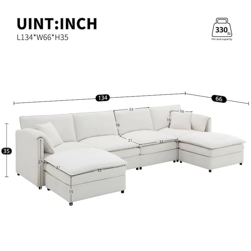 134" Chenille U-Shaped 6-Seater Modular Sectional Sofa with Double Cushions and Detachable Ottomans for Flexibility