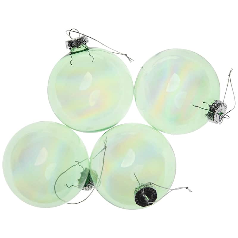 4ct Green and Clear Shiny Iridescent Christmas Ball Ornaments 3.25"