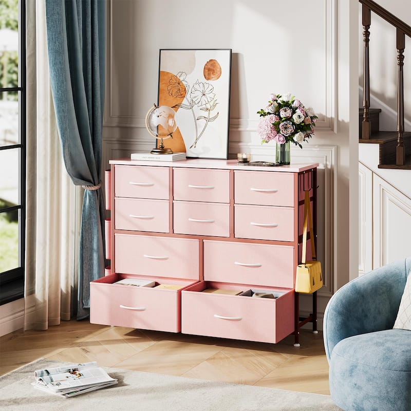 Fabric 10 Drawer Dresser for Bedroom, Metal Frame Storage Organizer Chest with Side Pockets, Hooks