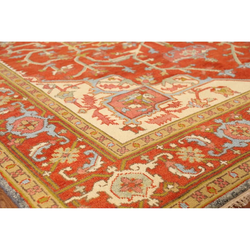 Medallion Heriz Serapi Area Rug Handmade Orange Wool Carpet - 8'11" x 11'10" - 8'11" x 11'10" - Orange