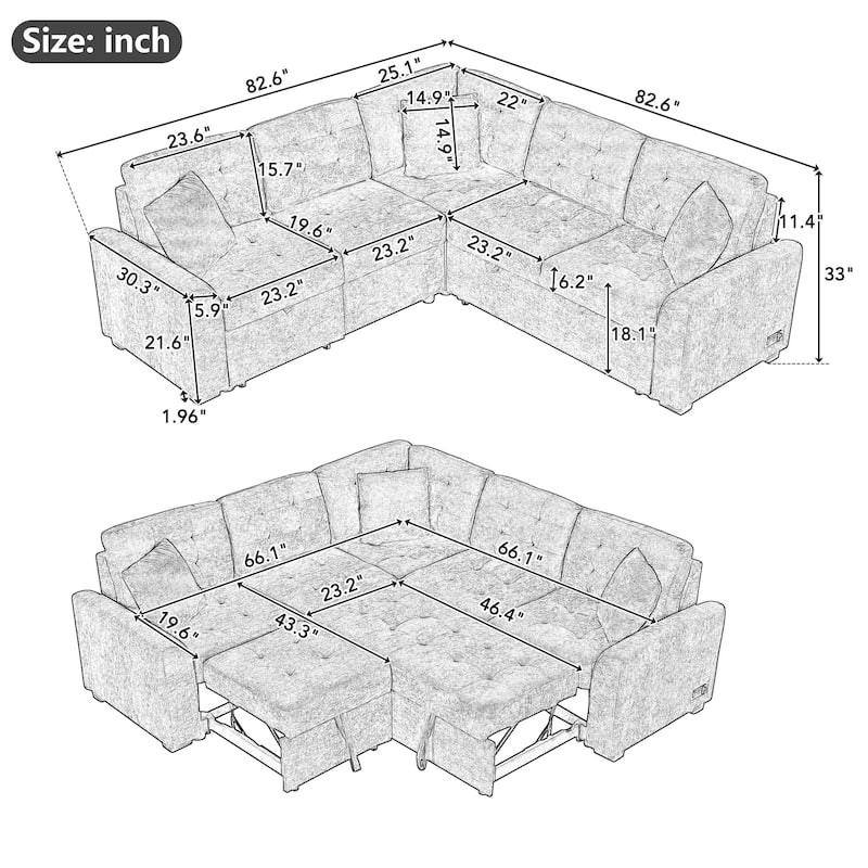 82.6-inch L-shaped Pull-out Sleeper Sofa with Wheels, USB Ports, Power Sockets - 82.6"W x 82.6"D x 33"H