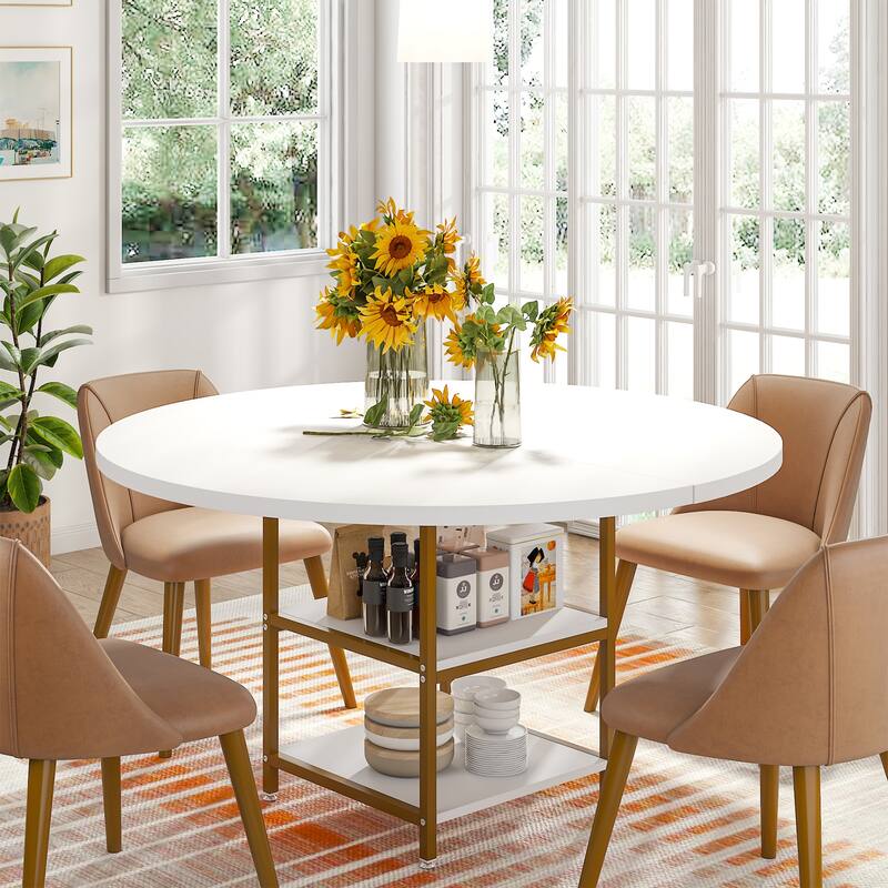 Round Dining Table for 4, 47 inch Kitchen Table Small Dinner Table with Storage Shelf
