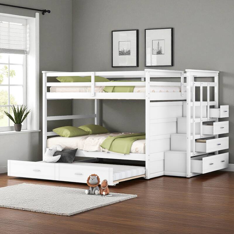 Full Over Full Bunk Bed with Twin Trundle and Storage Staircase, Solid Wood Frame, Space-Saving Design