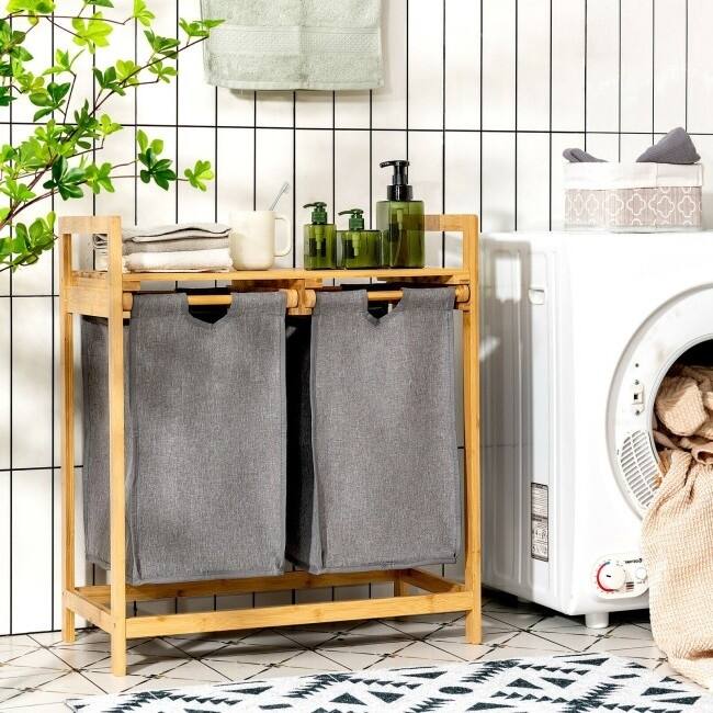 Natural Wicker 2 Bin Laundry Hamper with Removable Fabric Bags and Sliding Storage Shelf - 25"L x 13"W x 29"H