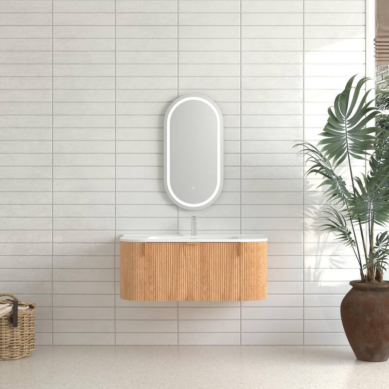 36" Bathroom Vanity with Basin,Wall-Mounted Floating Curved Edges Striped Bathroom Storage Cabinet with 2 Side Drawers - Walnut