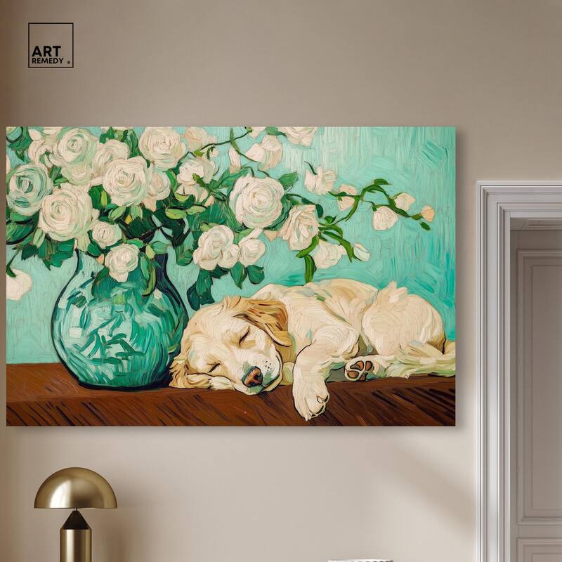 Rose Vase Puppy Canvas by Art Remedy, Gallery Wrapped