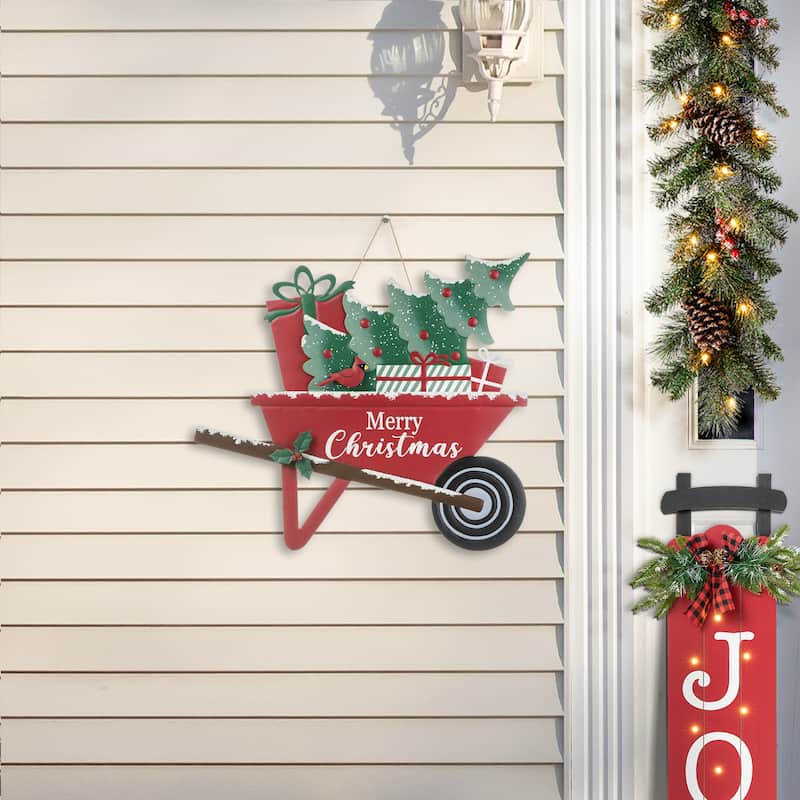 Glitzhome 30"H Metal Merry Christmas Wagon Yard Stake Wall Decor