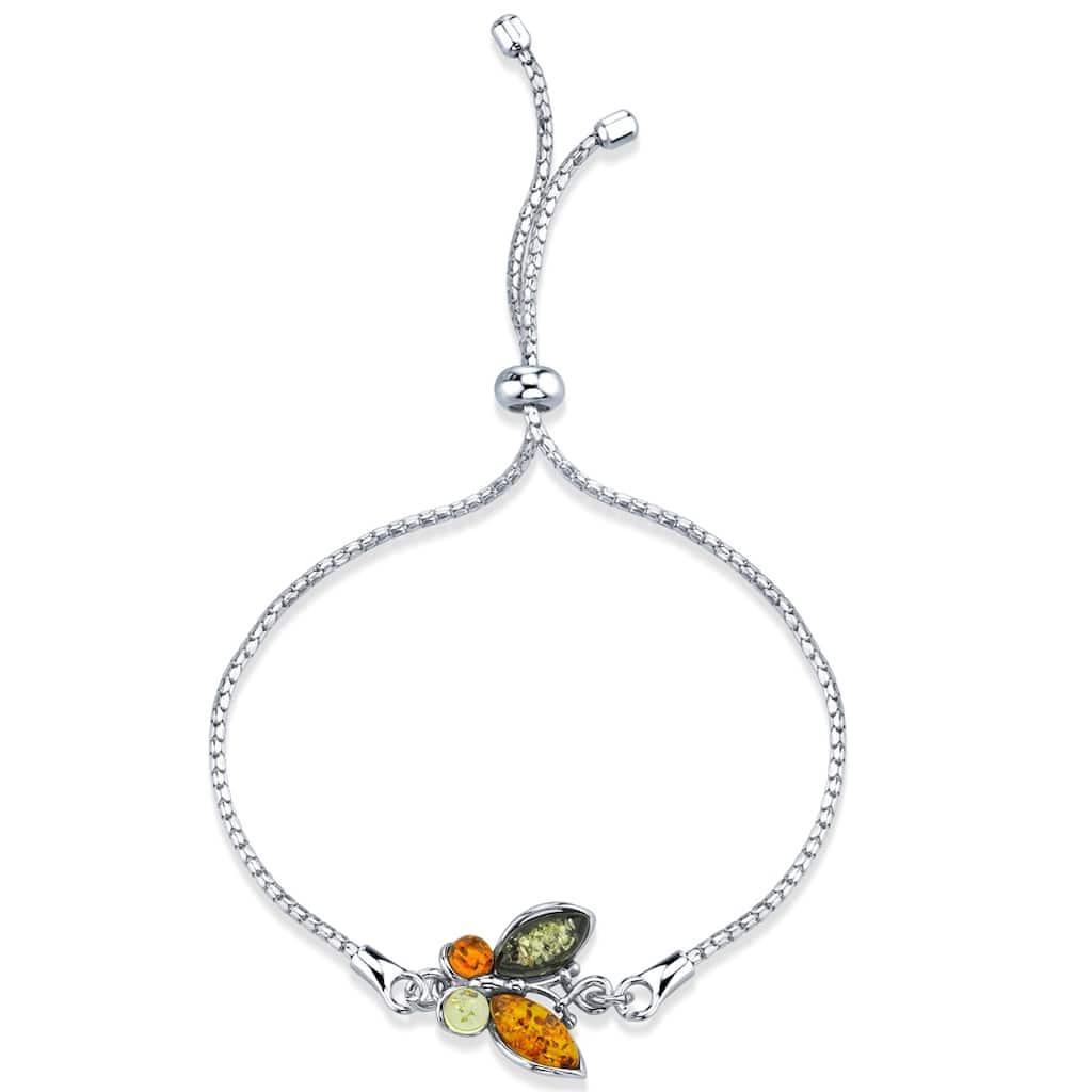 Oravo Sterling Silver Baltic Amber Butterfly Charm Adjustable Bracelet