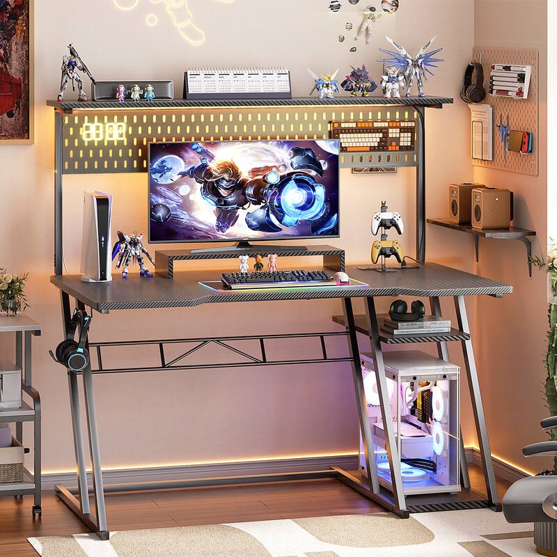 Gaming Desk with Hutch and LED Lights, Computer Table with Storage Shelves - 47'' - Black