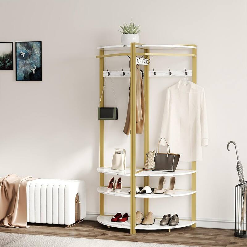 Coat Rack Stand Corner Hall Tree With Shoe Bench 6 Hooks and Storage Shelf