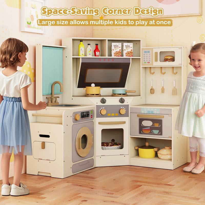 Gymax Corner Kitchen w/ Lights & Sounds Interactive Wooden Playset for