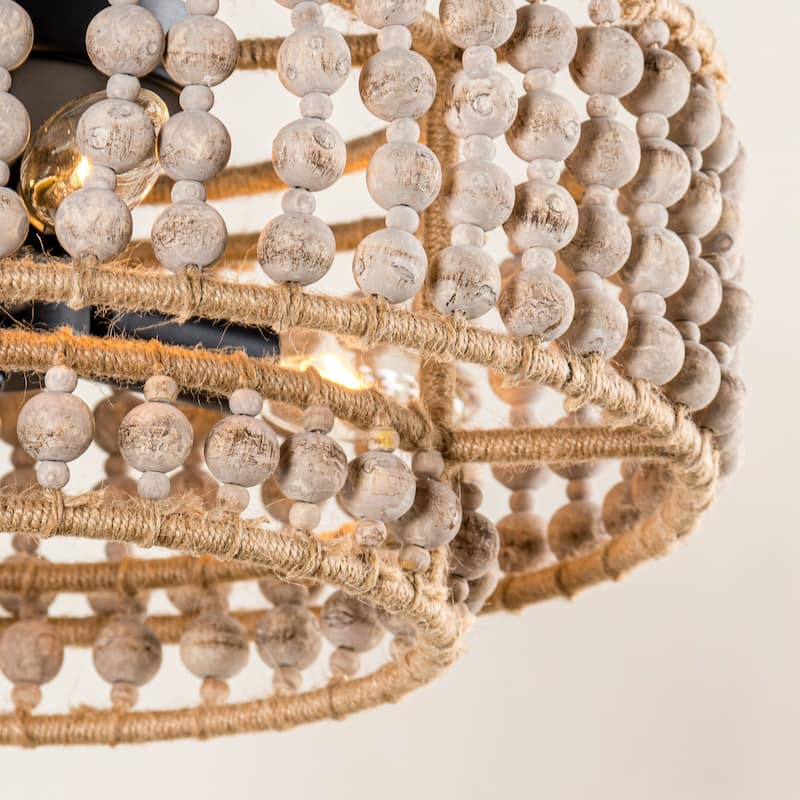 Boho 3-Light Drum Wood Beaded Flush Mount Ceiling Light