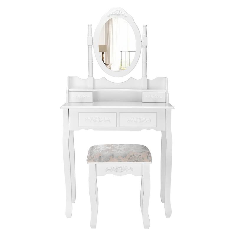 Costway Vanity Wood Makeup Dressing Table Stool Jewelry Desk 4 White
