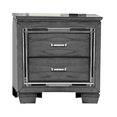 Contemporary Wooden Nightstand with 2 drawers and LED Lighting, Gray