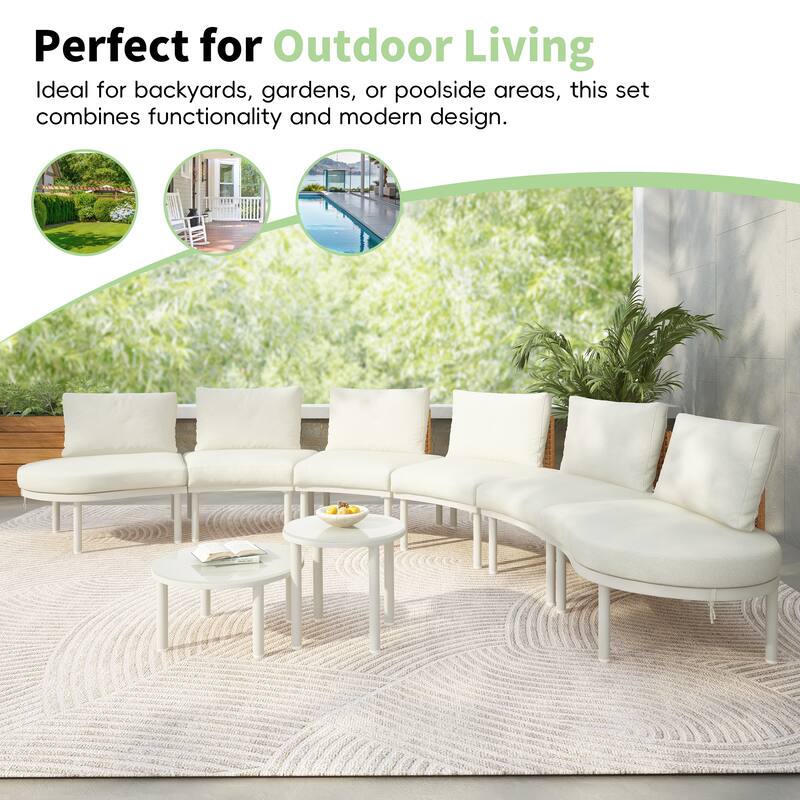 8-Piece Patio Half Moon Sofa Set with 2 High-Low Coffee Tables, 6 Pillows & Cushions