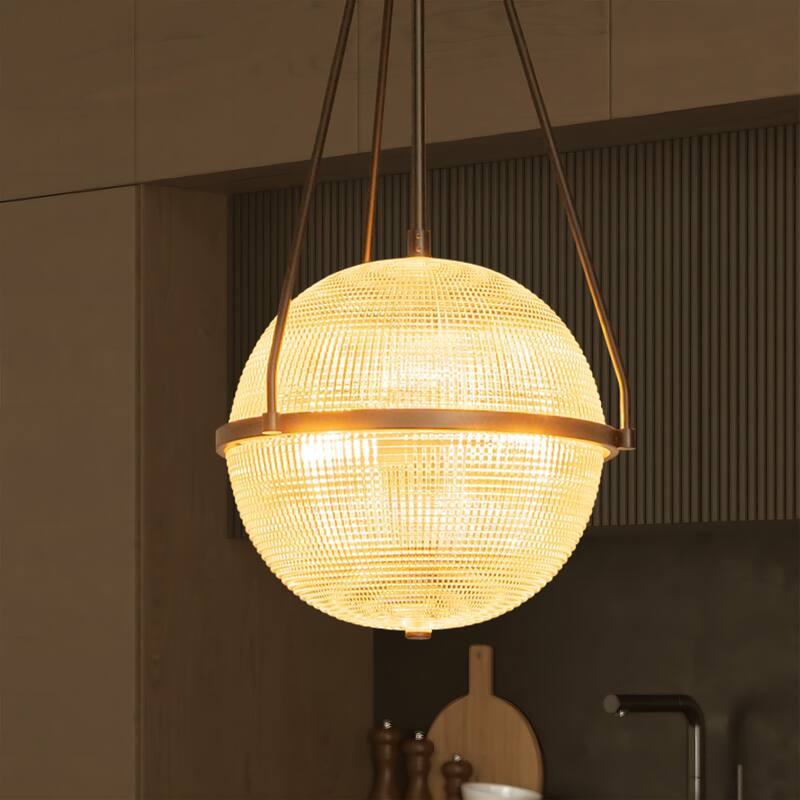 3-Light 13.78" Black/Gold Mid-Century Modern Grid Glass Globe Bubble Pendant Light Kitchen Island Lighting