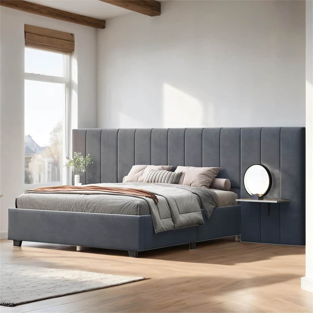 Queen Size Upholstered Platform Bed with Big Headboard, Velvet