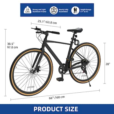 28" Road Bike Black 7 Speed Commuter Bike Lightweight Aluminum Frame Racing Bike with Disc Brake System