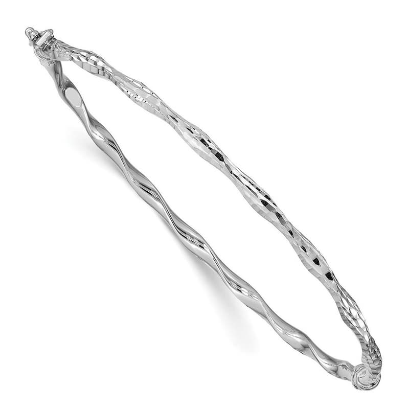 Curata 3mm 14k White Gold Sparkle Cut Twisted Hinged Cuff Stackable Bangle Bracelet