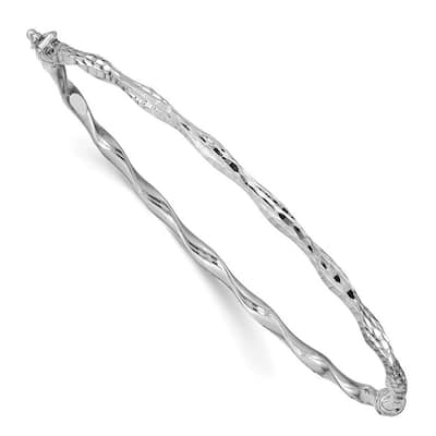 Curata 3mm 14k White Gold Sparkle Cut Twisted Hinged Cuff Stackable Bangle Bracelet