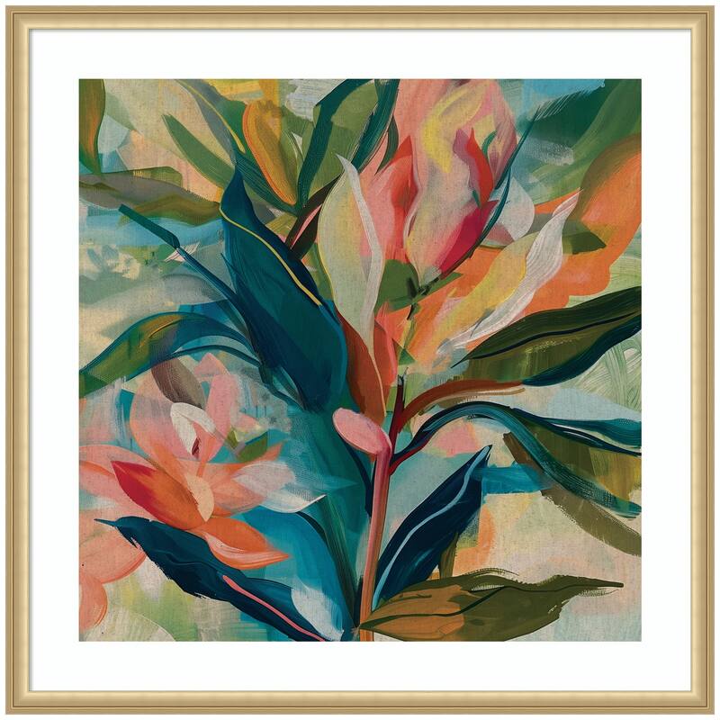 Kate and Laurel Framed Art Colorful Tropic Botanical Abstract Neutral Linen by The Creative Bunch Studio - 34x34 - Gold