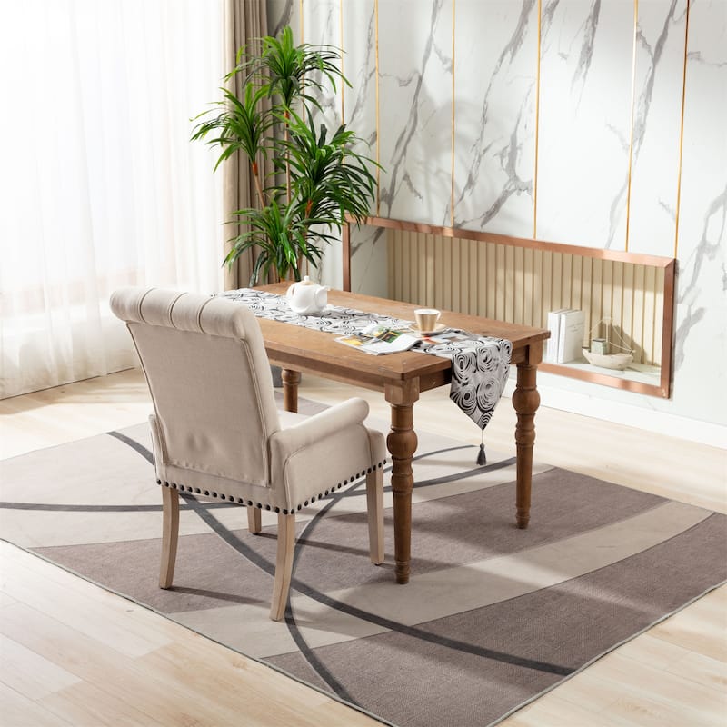 Fabric Upholstered High Back Arm Dining Chair with Oak Wood Legs