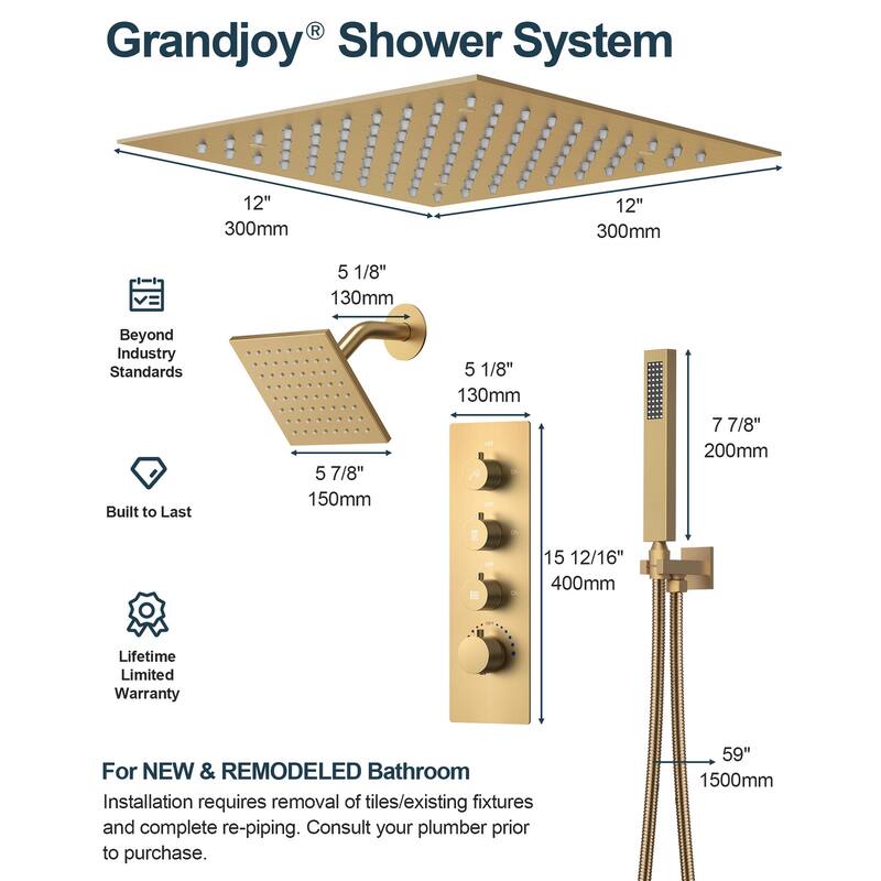 GRANDJOY LED 12" Rainfall Shower System Dual Shower Heads with 2-Handle Bathroom Sink Faucets Combo Set