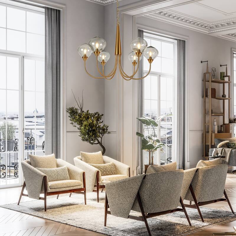 Celesn Modern Gold 6-Light Wheel Chandelier Glass Shade for Dining Living Room - D32" x H23"