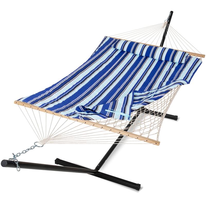 Double Hammock with Stand, Two Person Cotton Rope Hammock - 147.6(L)*52(W)*47.6(H) - Blue Stripes