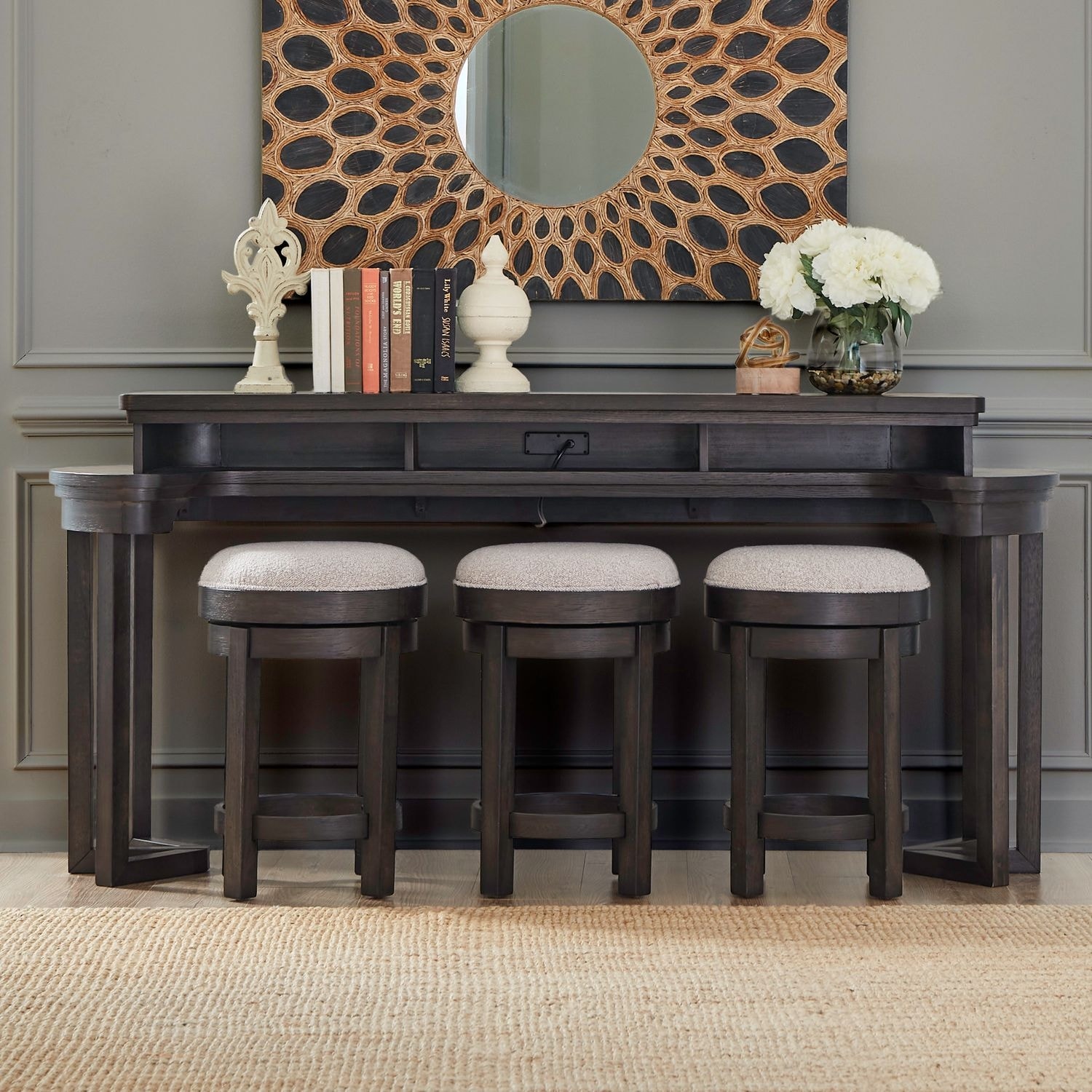 Liberty Furniture Weston 4 Piece Bar Table Set - Peppercorn Brown Oak Wood - Console Bar Table, 3 Stools