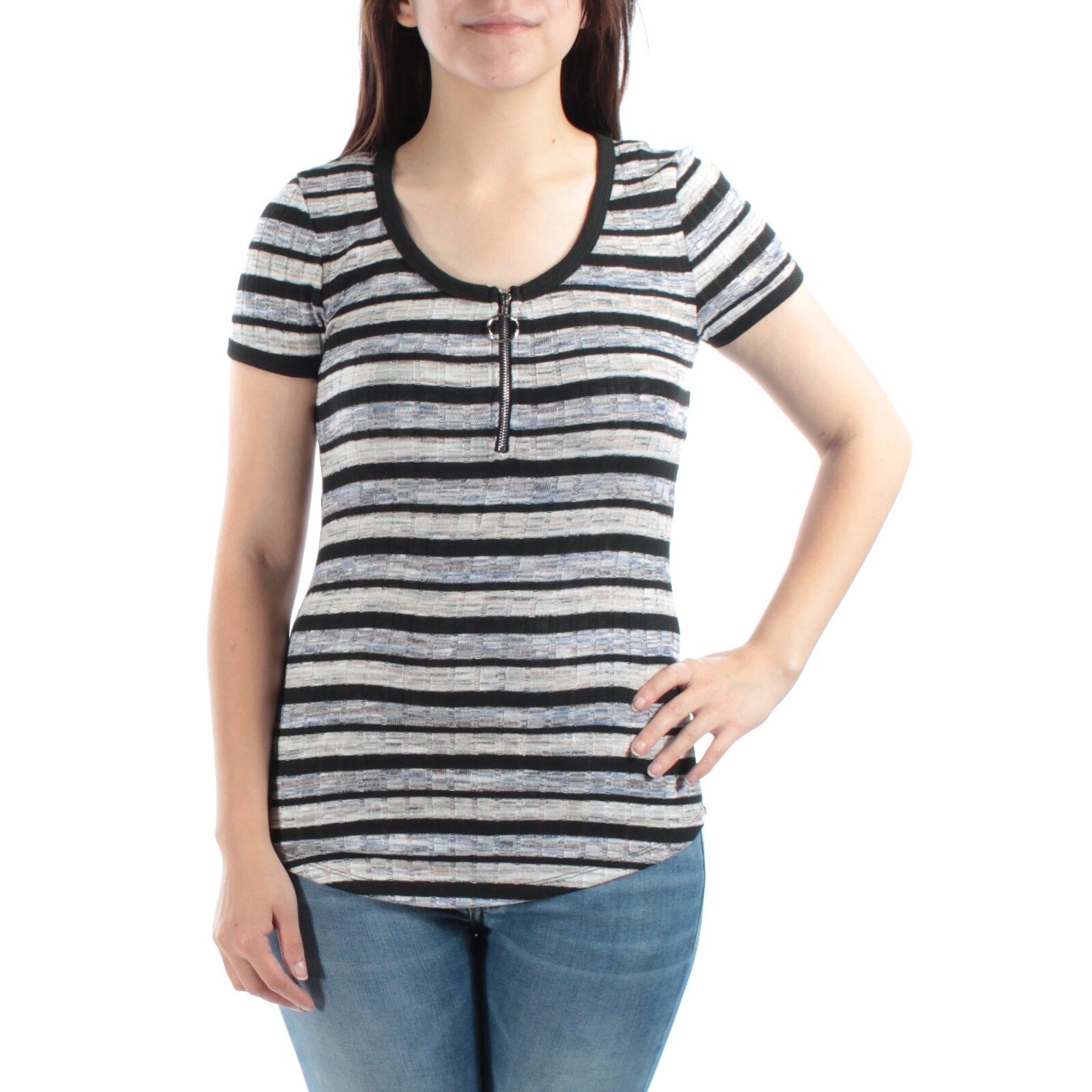Shop Almost Famous 90 Womens New 1384 Blue Striped Zip Neck Short