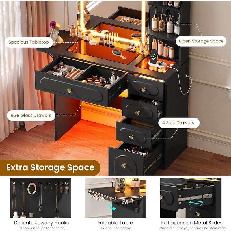 Vanity Desk with Large Mirror and LED Lights 5 Drawers Shelves Glass Top